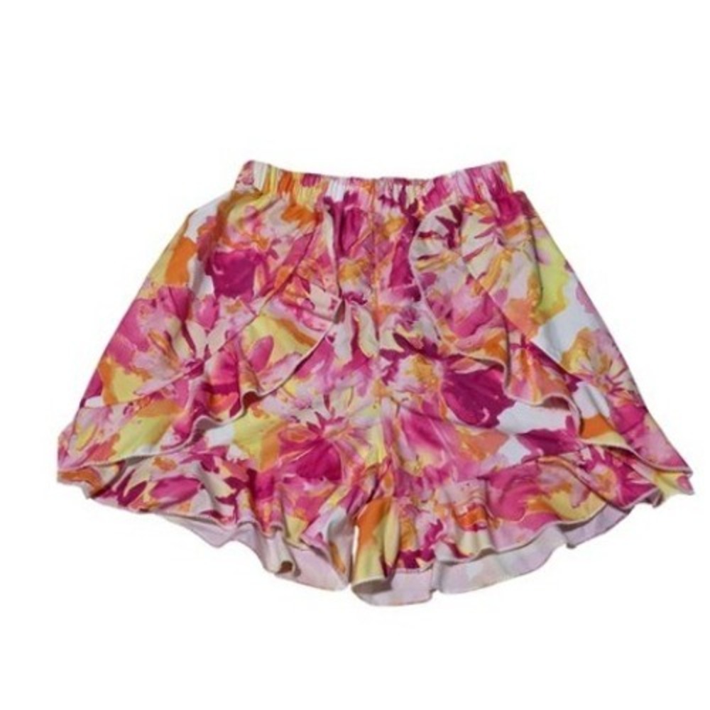 Kids Girls Pink Orange Floral Ruffle Shorts Elastic Waist Size 12Y